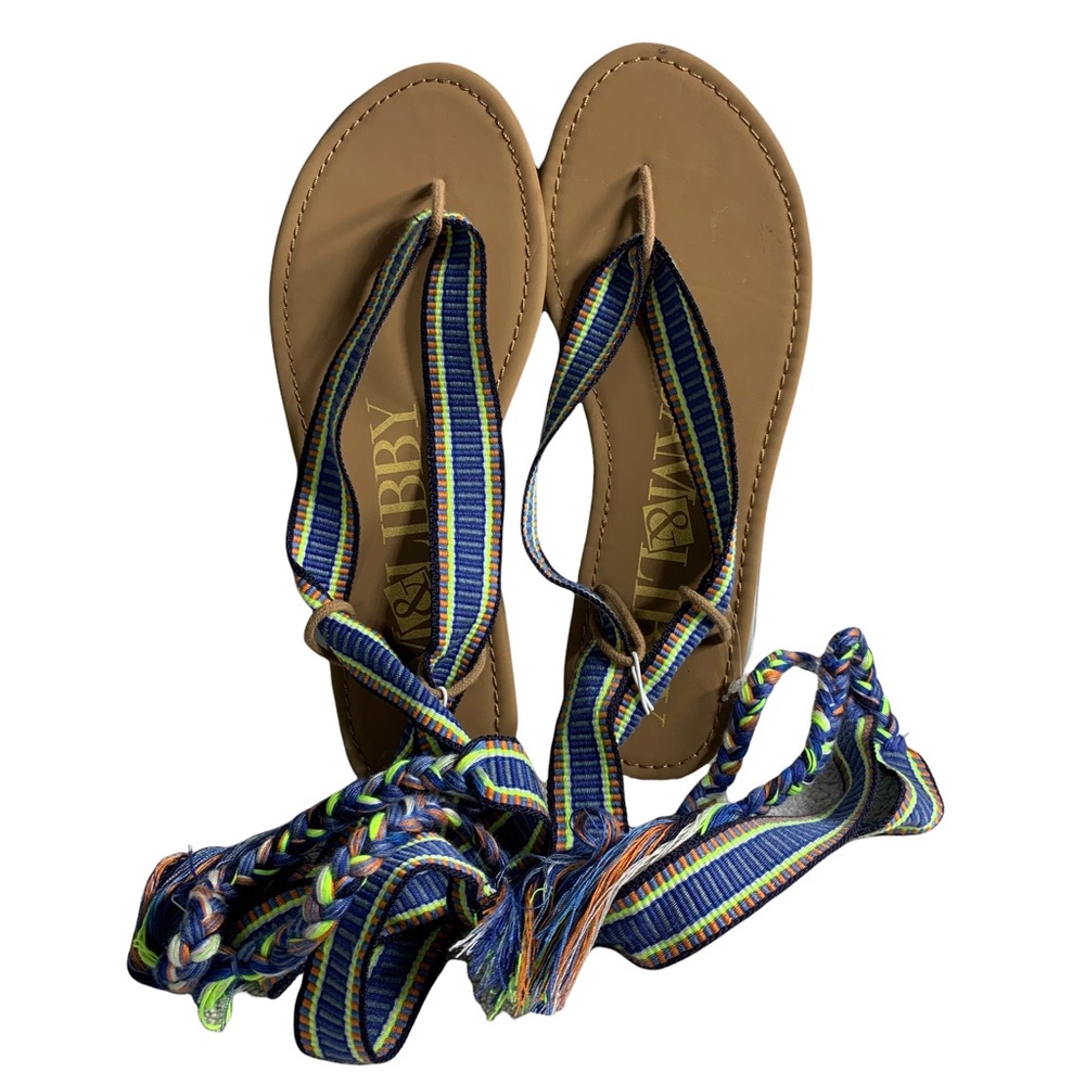 Sam & Libby BOHO Ankle Wrap Braided Fringe Flat Thong Multi Color Blue Sandal